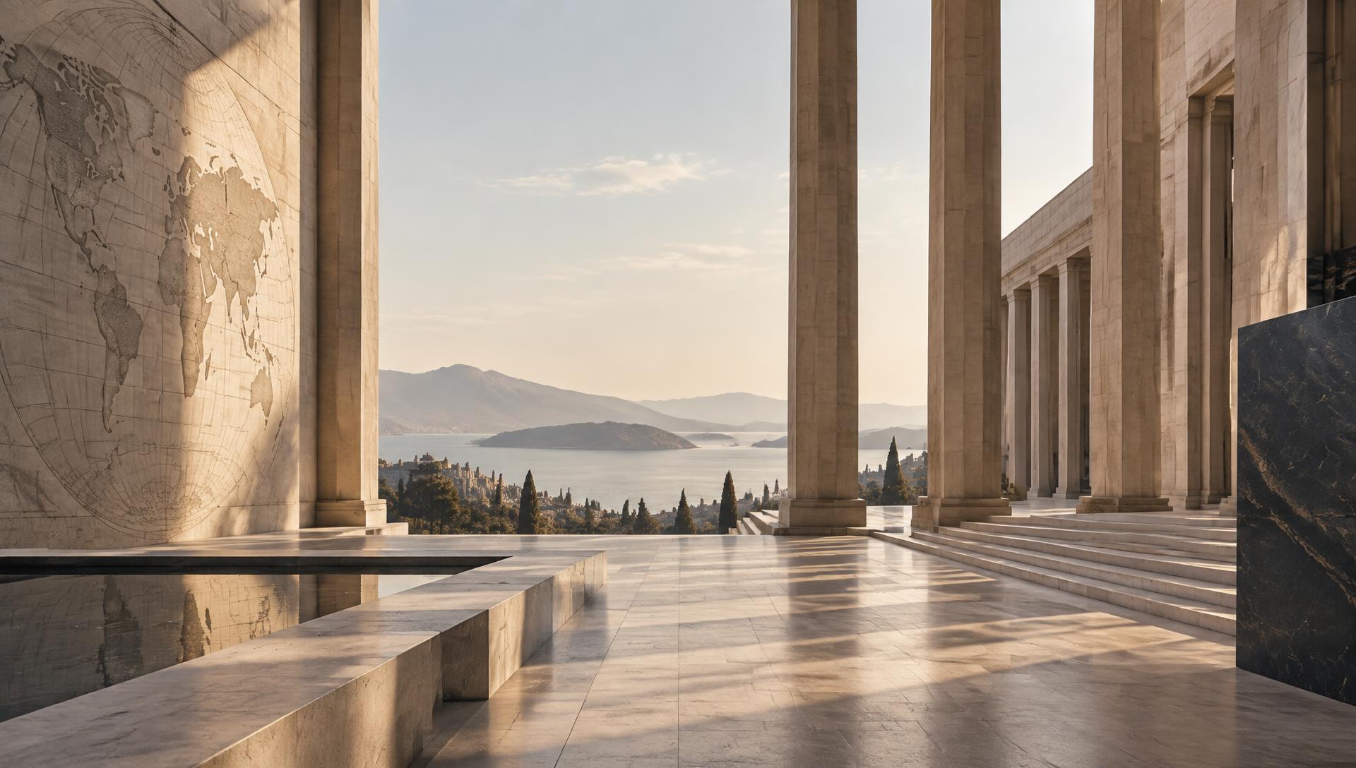Monumental stone architecture opening to a coastal horizon